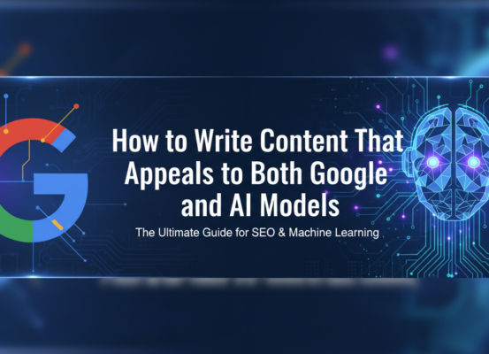 Blog banner with title 'How to Write Content That Appeals to Both Google and AI Models' on a sleek background