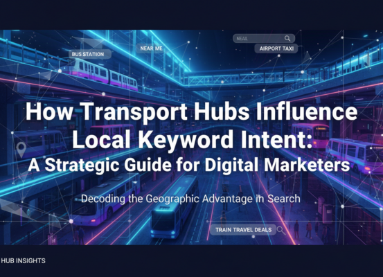 Blog banner with title 'How Transport Hubs Influence Local Keyword Intent' in bold font over a cityscape background.