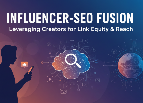 Blog banner with title 'Influencer-SEO Fusion: Leveraging Creators for Link Equity & Reach' in bold text.