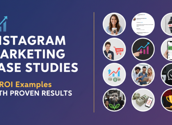 Blog banner with title 'Instagram Marketing Case Studies: 12 ROI Examples with Proven Results' on a sleek background.
