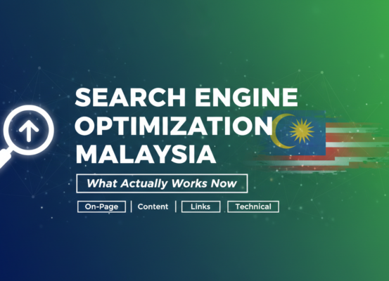 Blog banner with title 'Search Engine Optimization Malaysia: What Works Now' and SEO icons