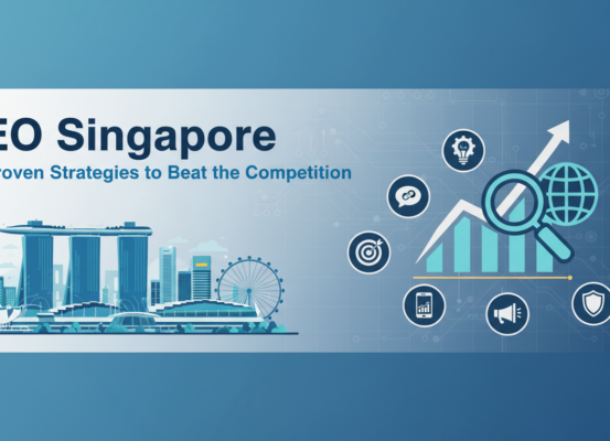 Blog banner with title 'SEO Singapore: 7 Proven Strategies to Beat the Competition' in bold font