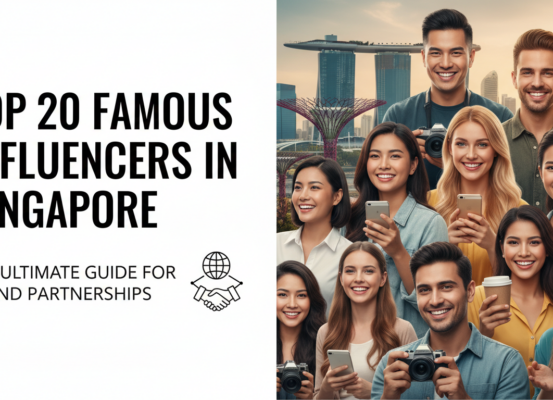 Blog banner with title 'Top 20 Famous Influencers in Singapore: The Ultimate Guide for Brand Partnerships' in bold font against a vibrant cityscape background.