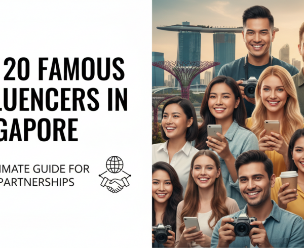 Blog banner with title 'Top 20 Famous Influencers in Singapore: The Ultimate Guide for Brand Partnerships' in bold font against a vibrant cityscape background.