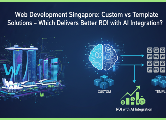 Blog banner with title 'Web Development Singapore: Custom vs Template Solutions - Better ROI with AI Integration?'