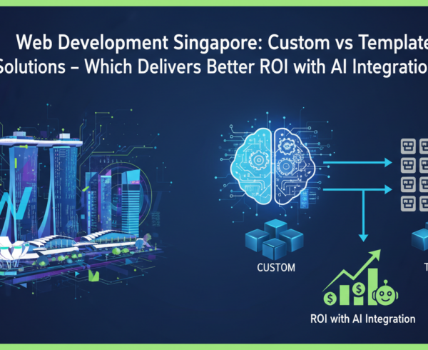 Blog banner with title 'Web Development Singapore: Custom vs Template Solutions - Better ROI with AI Integration?'