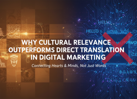 Blog banner with title 'Why Cultural Relevance Outperforms Direct Translation in Digital Marketing' in bold letters on a vibrant, multicultural background.