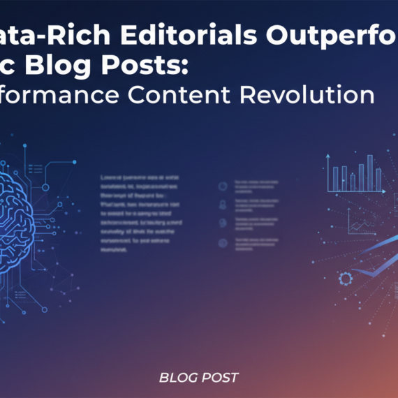 Blog banner with title 'Why Data-Rich Editorials Outperform Generic Blog Posts: The Performance Content Revolution' in bold, modern font over a sleek, digital-themed background.