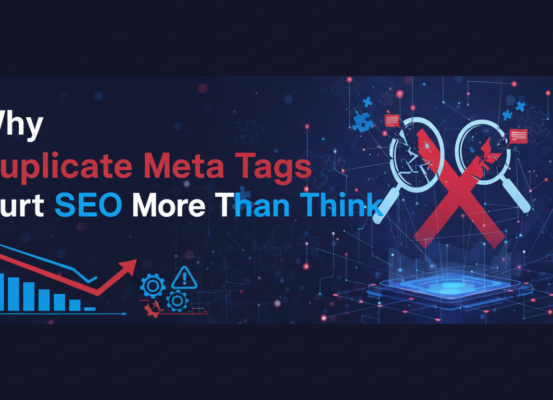Blog banner with title 'Why Duplicate Meta Tags Hurt SEO More Than You Think' on a digital-themed background.