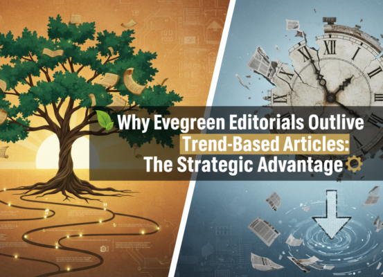 Blog banner with title 'Why Evergreen Editorials Outlive Trend-Based Articles: The Strategic Advantage' on a green background.