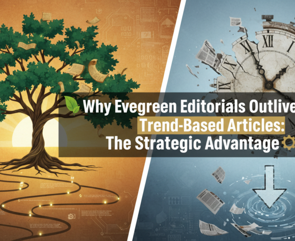 Blog banner with title 'Why Evergreen Editorials Outlive Trend-Based Articles: The Strategic Advantage' on a green background.