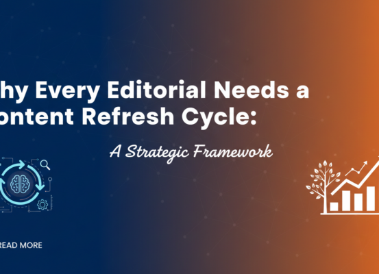 Blog banner with title 'Why Every Editorial Needs a Content Refresh Cycle: A Strategic Framework' on a modern, professional background.