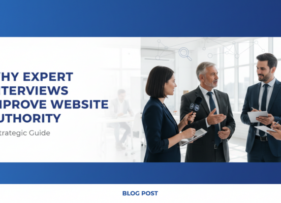 Blog banner with title 'Why Expert Interviews Improve Website Authority' in bold font.