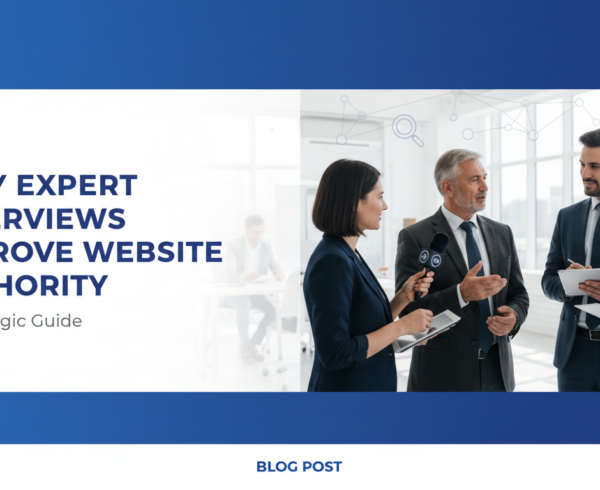 Blog banner with title 'Why Expert Interviews Improve Website Authority' in bold font.