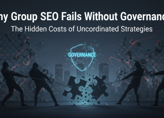 Blog banner with title 'Why Group SEO Fails Without Governance' over a blurred office background.