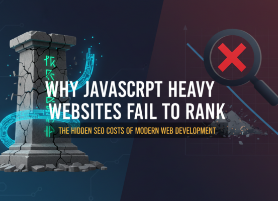 Blog banner with title 'Why JavaScript Heavy Websites Fail to Rank' in bold text
