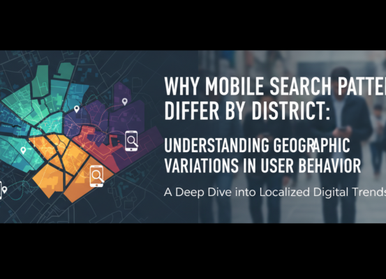 Blog banner with title 'Why Mobile Search Patterns Differ by District' on a map background.