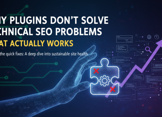 Blog banner with title 'Why Plugins Don't Solve Technical SEO Problems: What Actually Works' in bold text.