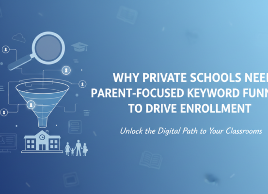 Blog banner with title 'Why Private Schools Need Parent-Focused Keyword Funnels' over a school-themed background.