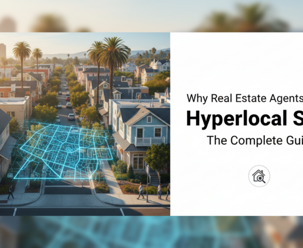 Blog banner with title 'Why Real Estate Agents Need Hyperlocal SEO: The Complete Guide', featuring cityscape and magnifying glass.