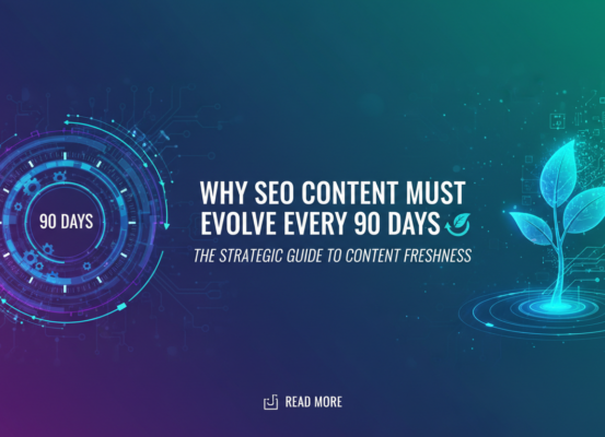 Blog banner with title 'Why SEO Content Must Evolve Every 90 Days: Strategic Guide to Content Freshness'