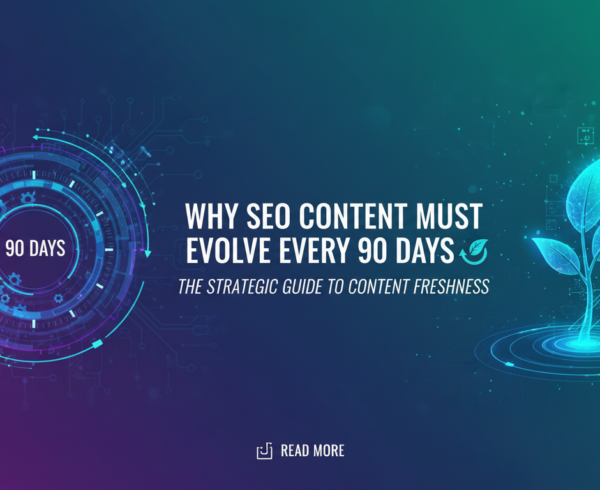 Blog banner with title 'Why SEO Content Must Evolve Every 90 Days: Strategic Guide to Content Freshness'