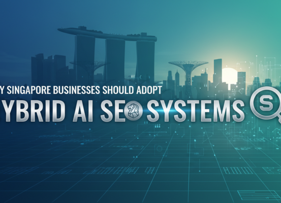 Blog banner with title 'Why Singapore Businesses Should Adopt Hybrid AI SEO Systems' in modern style.
