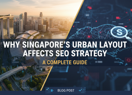 Blog banner with title 'Why Singapore's Urban Layout Affects SEO Strategy: A Complete Guide', featuring a cityscape.