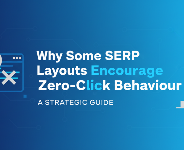 Blog banner with title 'Why Some SERP Layouts Encourage Zero-Click Behaviour: A Strategic Guide' in bold font.