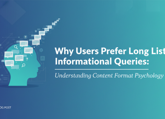 Blog banner with title 'Why Users Prefer Long Lists for Informational Queries' in bold text.
