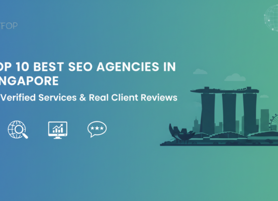 Blog banner with 'Top 10 Best SEO Agencies in Singapore' title and vibrant cityscape backdrop.