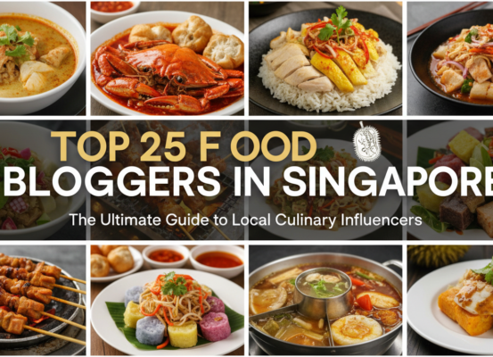 Blog banner with 'Top 25 Food Bloggers in Singapore' title, colorful culinary icons.