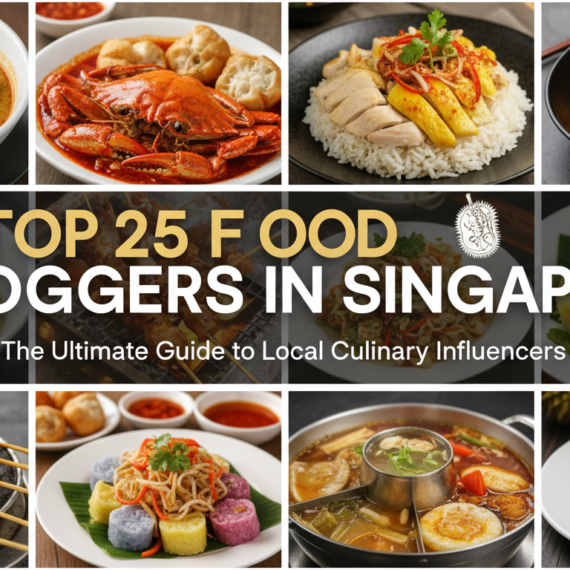 Blog banner with 'Top 25 Food Bloggers in Singapore' title, colorful culinary icons.