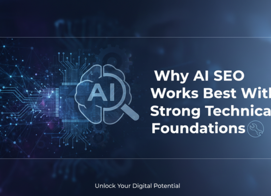 Blog banner with 'Why AI SEO Works Best With Strong Technical Foundations' title, tech-themed design