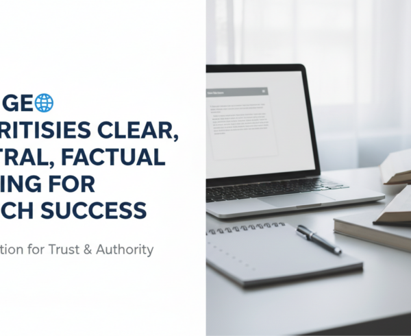 Blog banner with 'Why GEO Prioritises Clear, Neutral, Factual Writing for Search Success' title