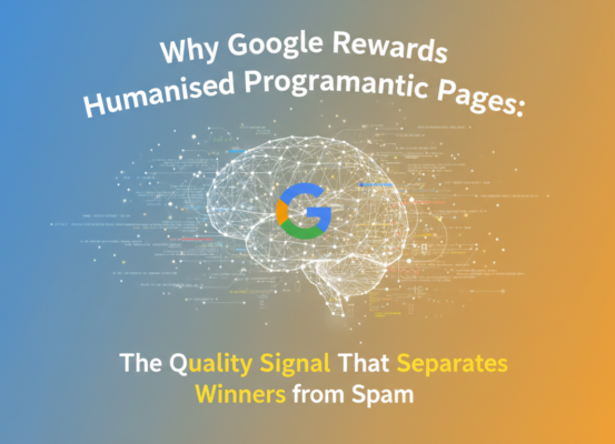 Blog banner with 'Why Google Rewards Humanised Programmatic Pages' title on a sleek, modern design