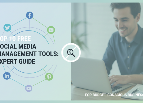 Colorful banner with 'Top 10 Free Social Media Management Tools' in bold text