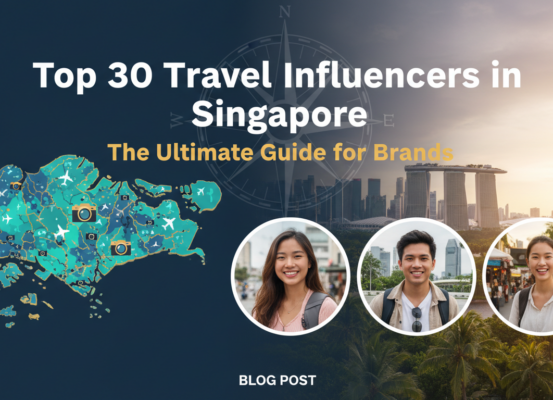 Colorful banner with 'Top 30 Travel Influencers in Singapore: The Ultimate Guide for Brands' title