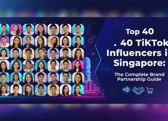 Colorful banner with 'Top 40 TikTok Influencers in Singapore' title and social media icons