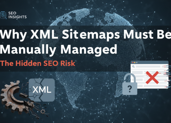Digital banner titled 'Why XML Sitemaps Must Be Manually Managed: The Hidden SEO Risk' with a tech-themed background.