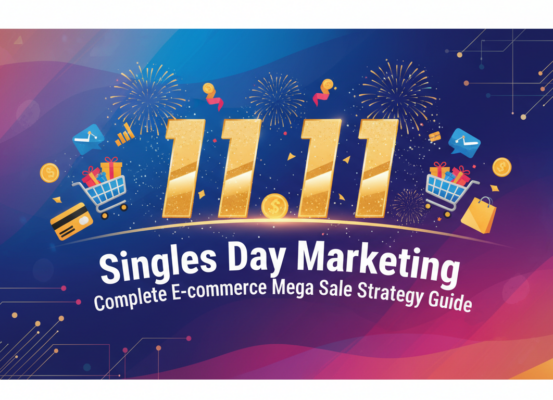 Banner titled '11.11 Singles Day Marketing: Complete E-commerce Mega Sale Strategy Guide' with vibrant colors.