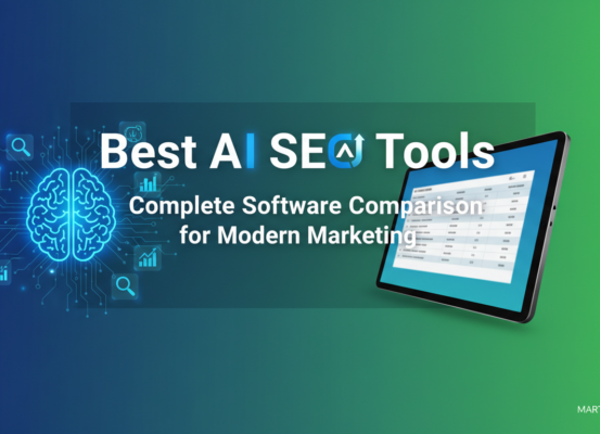 Banner titled 'Best AI SEO Tools: Complete Software Comparison for Modern Marketing' with digital graphics