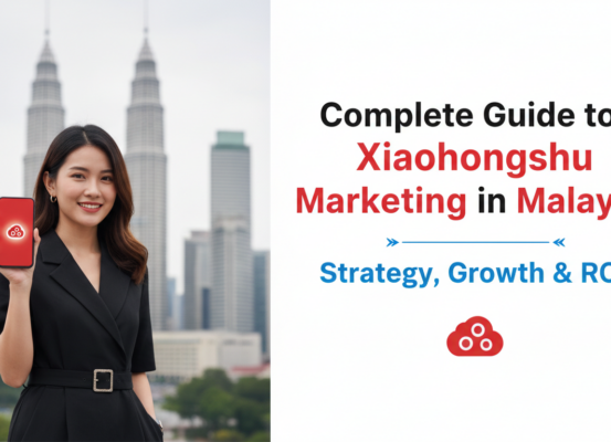 Banner titled 'Complete Guide to Xiaohongshu Marketing in Malaysia' with vibrant colors.