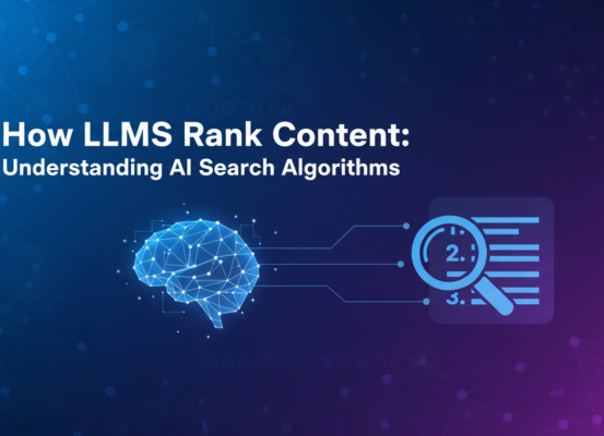 Banner titled 'How LLMs Rank Content' with AI-themed design elements