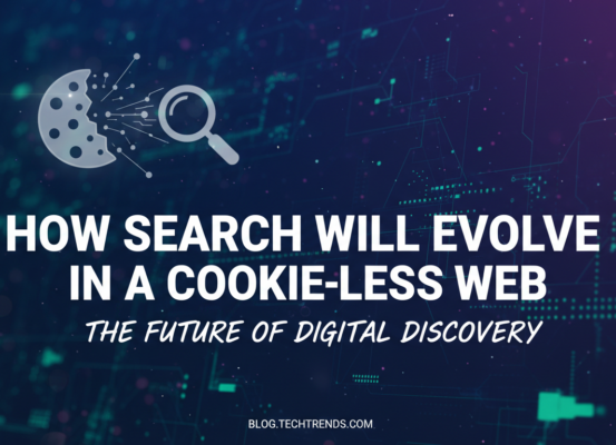 Banner titled 'How Search Will Evolve in a Cookie-Less Web' with digital discovery theme.