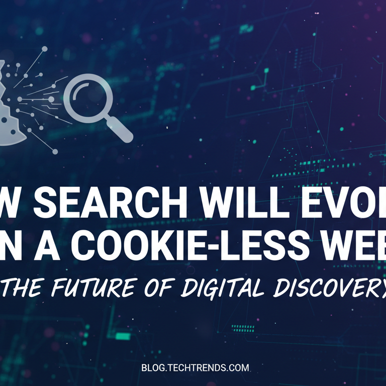Banner titled 'How Search Will Evolve in a Cookie-Less Web' with digital discovery theme.