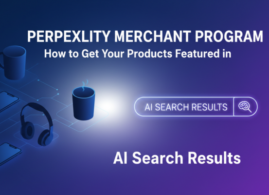 Banner titled 'Perplexity Merchant Program' with AI and product icons.