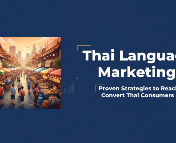 Banner titled 'Thai Language Marketing: Proven Strategies to Reach and Convert Thai Consumers' with Thai cultural motifs.