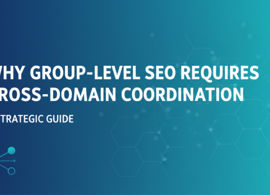 Banner titled 'Why Group-Level SEO Requires Cross-Domain Coordination: A Strategic Guide' with a professional, strategic theme.