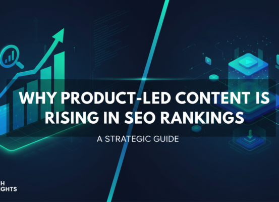 Banner titled 'Why Product-Led Content Is Rising in SEO Rankings: A Strategic Guide' with a modern design